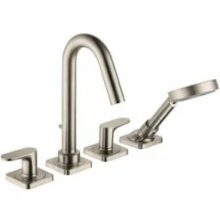 Best Sale 🥰 AXOR Citterio M 1.75 gpm 4-Hole Deck Mount Roman Tub Set Trim with Double Lever Handle, Fixed Spout and Handshower in Brushed Nickel ⭐