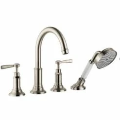 Best deal 🎉 AXOR Montreux 1.8 gpm 4-Hole Deck Mount Roman Tub Set Trim with Double Lever Handle, Fixed Spout and Handshower in Brushed Nickel 🔥